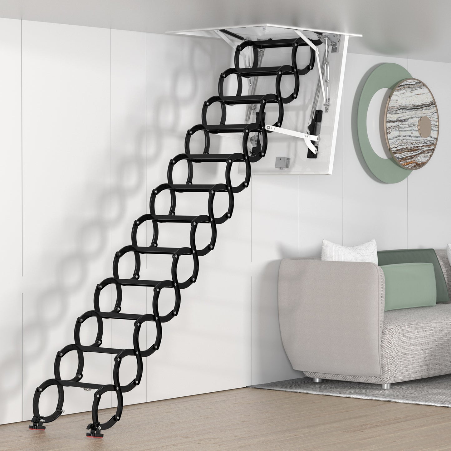 12 Steps Black loft wall ladder stairs and Pull Rod,Loft Wall Folding Pulldown Attic Ceiling Ladder Stairs 39.4 * 27.6"