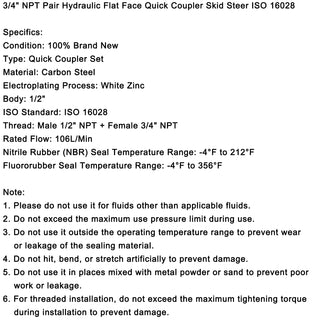 3/4" NPT Pair Hydraulic Flat Face Quick Coupler Skid Steer For Bobcat ISO 16028