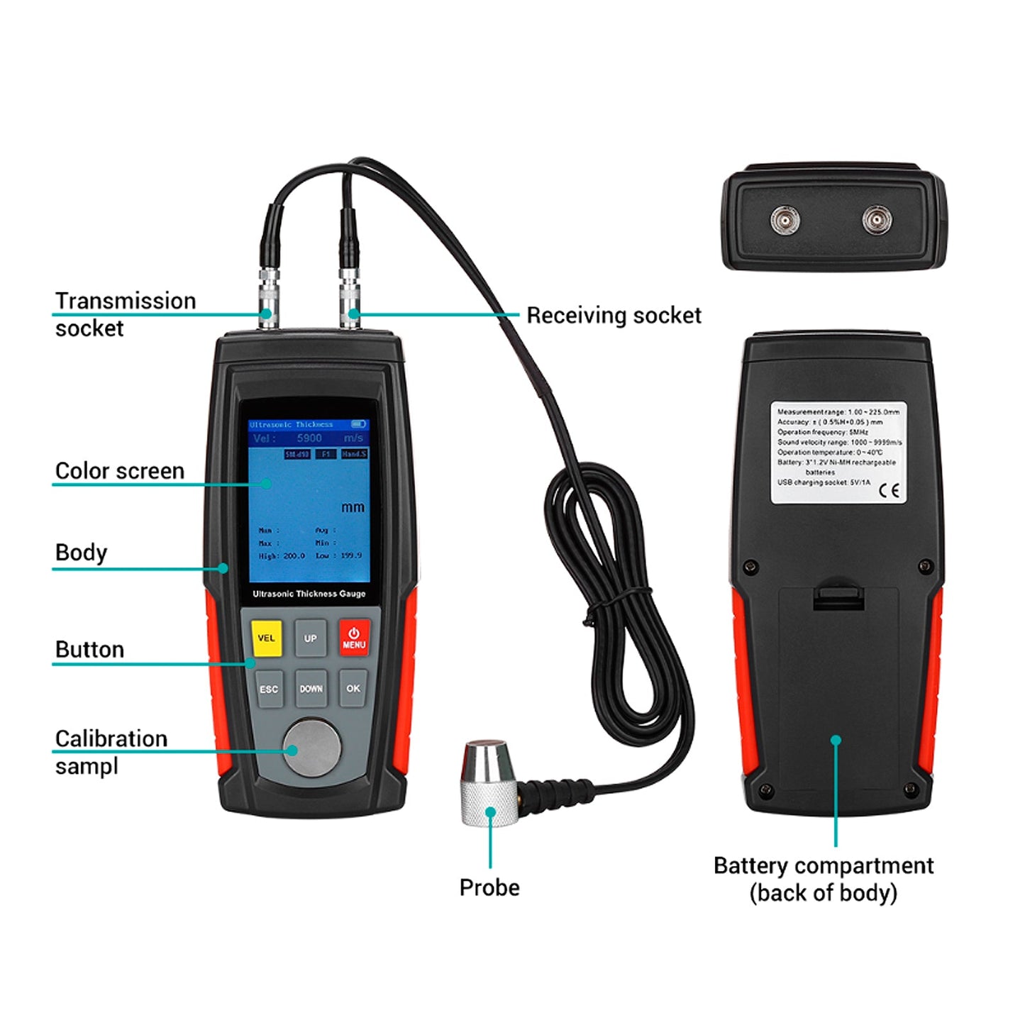 WT100A LCD Tester Tool Smart Sensor Ultrasonic Thickness Gauge Sound Velocity Generic