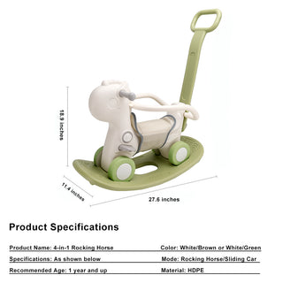 Push Rod 80 lbs Weight Capacity with Sound Green HDPE Material 4-in-1 Baby Rocking Horse for Toddlers 1-3 Years – Ride-On Toy with Detachable Balance Board Guardrails & 4 Smooth Wheels