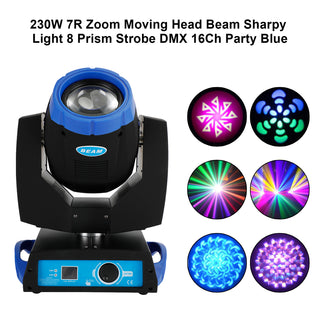 230W 7R Zoom Moving Head Beam Sharpy Light 8 Prism Strobe DMX 16Ch Party Blue