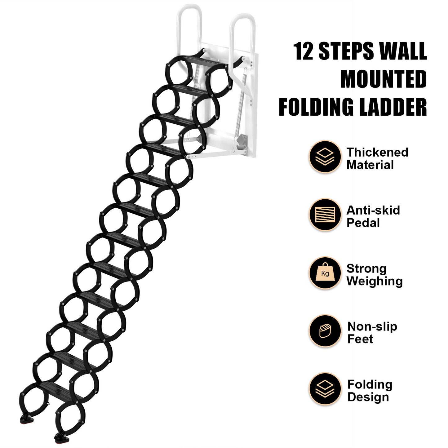 12 Steps Wall Mounted Folding Ladder, Black Loft Attic Stairs,Pull Down Wall Mounted attic Folding Staircase