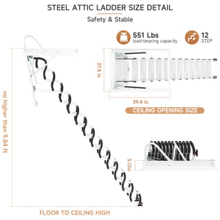 12 Steps Black Loft Wall Folding Pulldown Attic Ceiling Ladder Stairs 39.4*27.6"