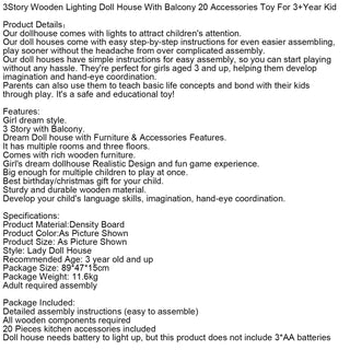 3Story Wooden Lighting Doll House With Balcony 20 Accessories Toy For 3+Year Kid  Toy