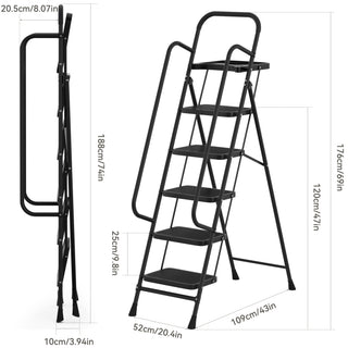 330 lbs Capacity Heavy Duty Steel Step Stool Folding Portable Safety Ladder for Home Kitchen Office 26" x 38" Wide Non-Slip Pedal Black 5-Step Ladder with Handrail & Tool Tray