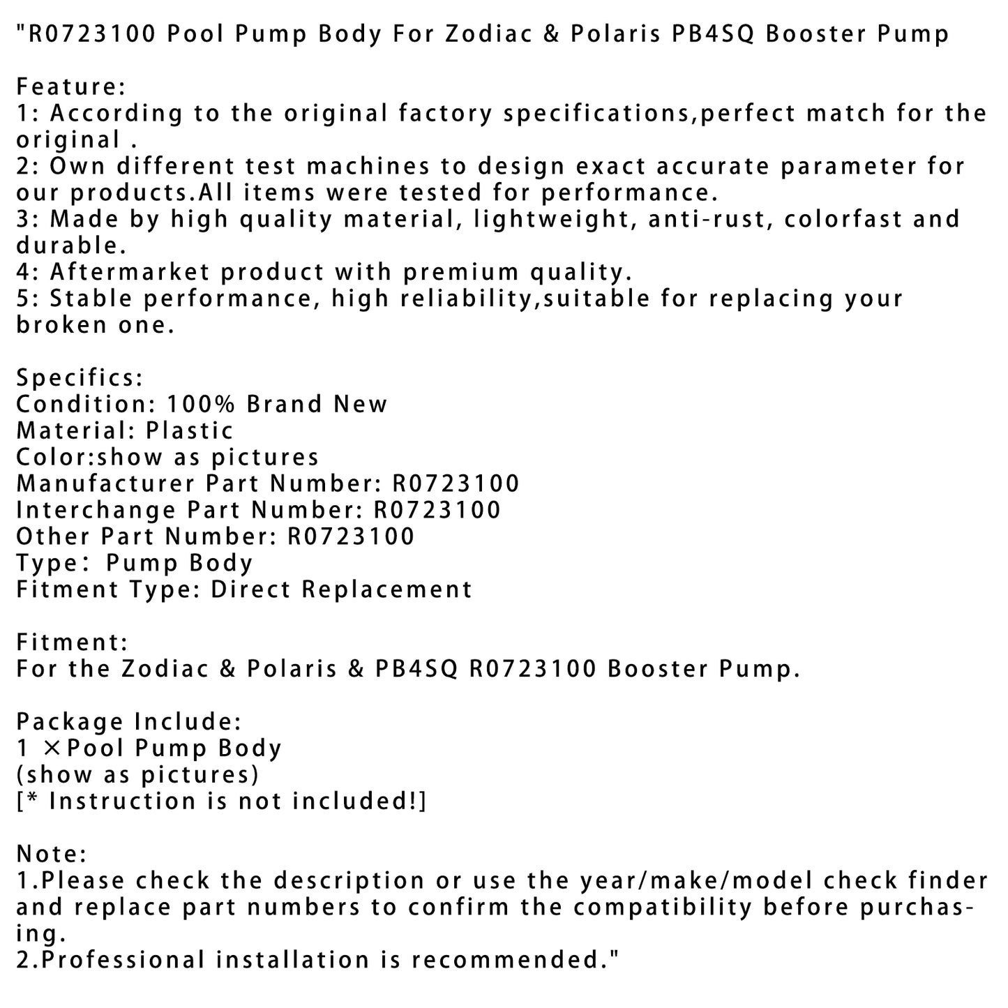 R0723100 Pool Pump Body For Zodiac & Polaris PB4SQ Booster Pump