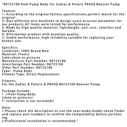 R0723100 Pool Pump Body For Zodiac & Polaris PB4SQ Booster Pump