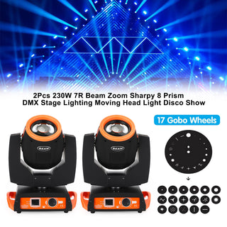 2Pcs 230W 7R Beam Zoom Sharpy 8 Prism DMX Stage Lighting Moving Head Light Disco