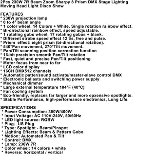 2Pcs 230W 7R Beam Zoom Sharpy 8 Prism DMX Stage Lighting Moving Head Light Disco