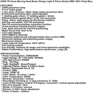 230W 7R Zoom Moving Head Beam Sharpy Light 8 Prism Strobe DMX 16Ch Party Blue
