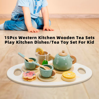 15PCS Wooden Tea Set Toy for Kids – Pretend Play Kitchen Tea Party Set with Dishes