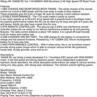 Wltoys XK 184008 RC Car 1/18 60KM/H 4WD Brushless 2.4G High Speed Off Road Truck Toy