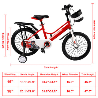 18" Kids Bike for Boys and Girls with auxiliary wheels & Rack Red