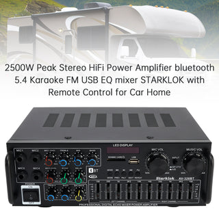 2500W Peak Stereo HiFi Power Amplifier Bluetooth5.4 FM USB EQ Mixer for Car Home
