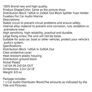 Plastic housing Nickel Plated Heat resistant Splitter Distribution Block 1x0 In 2x0 GA Out Block Splitter Fusebox Clear Cover for Car Audio Marine