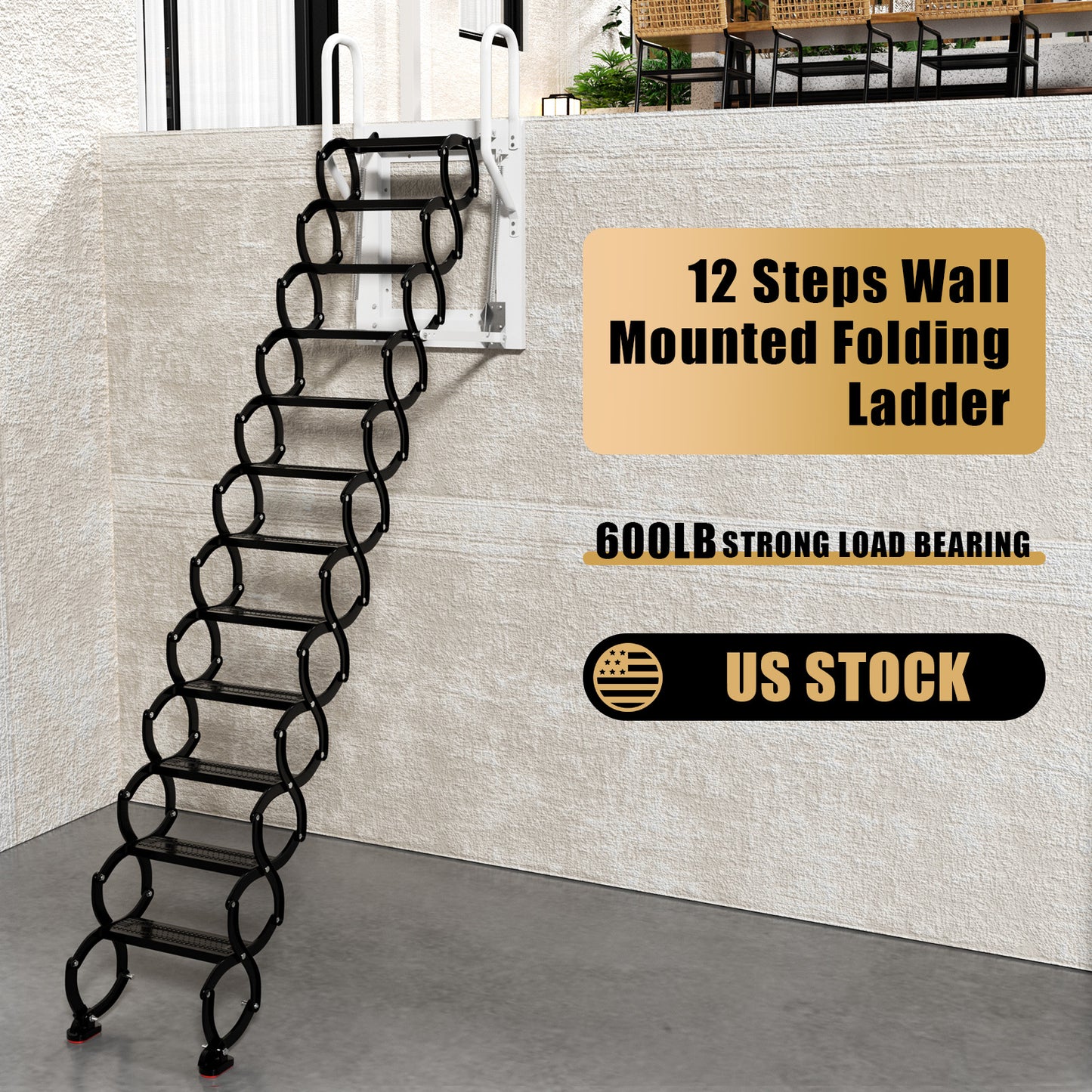 12 Steps Wall Mounted Folding Ladder, Black Loft Attic Stairs,Pull Down Wall Mounted attic Folding Staircase