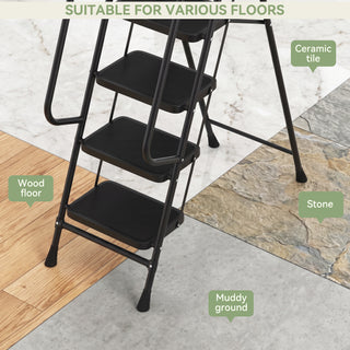 330 lbs Capacity Heavy Duty Steel Step Stool Folding Portable Safety Ladder for Home Kitchen Office 26" x 38" Wide Non-Slip Pedal Black 5-Step Ladder with Handrail & Tool Tray