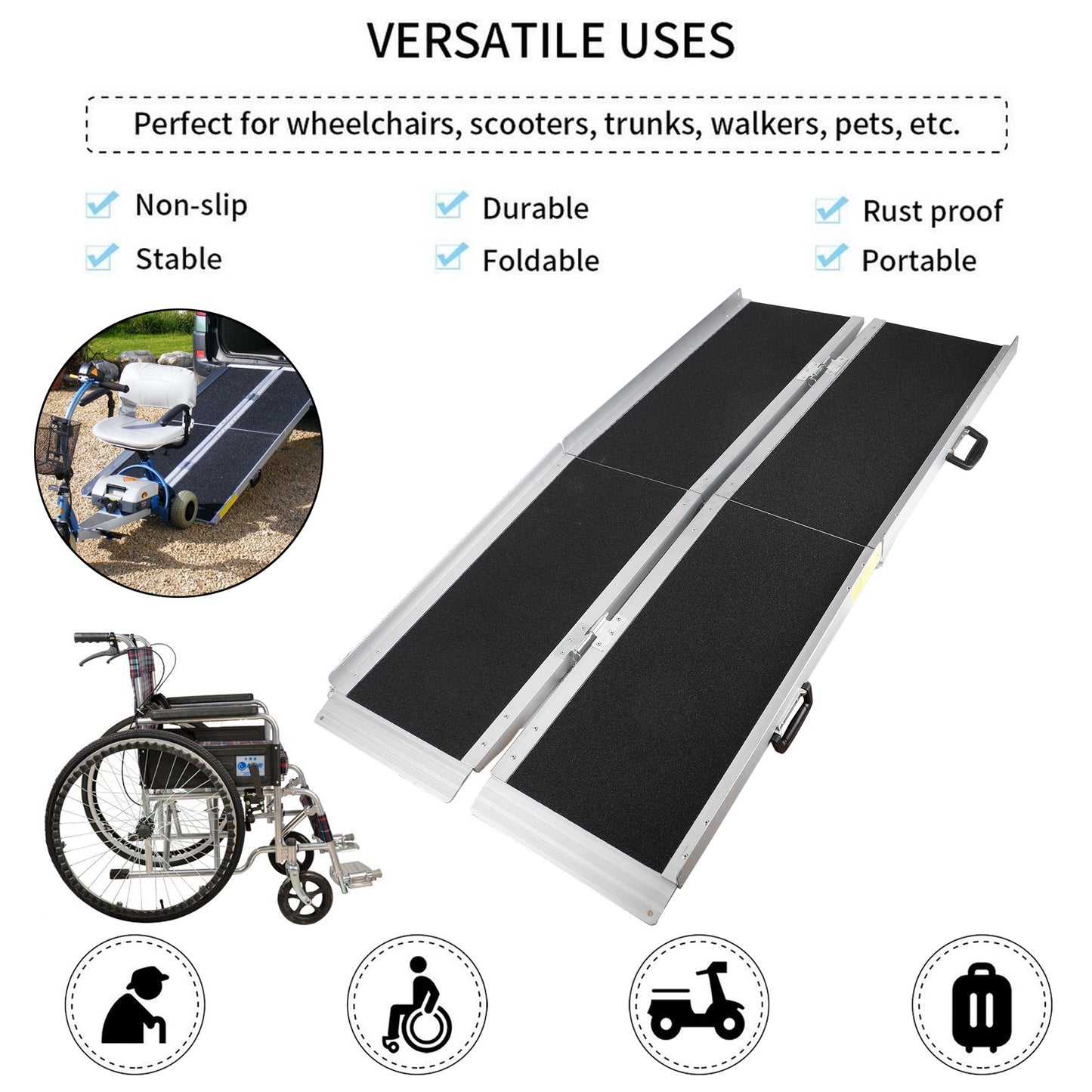 5FT Portable Wheelchair Ramp Non Skid Aluminum Foldable Mobility Scooter Ramp