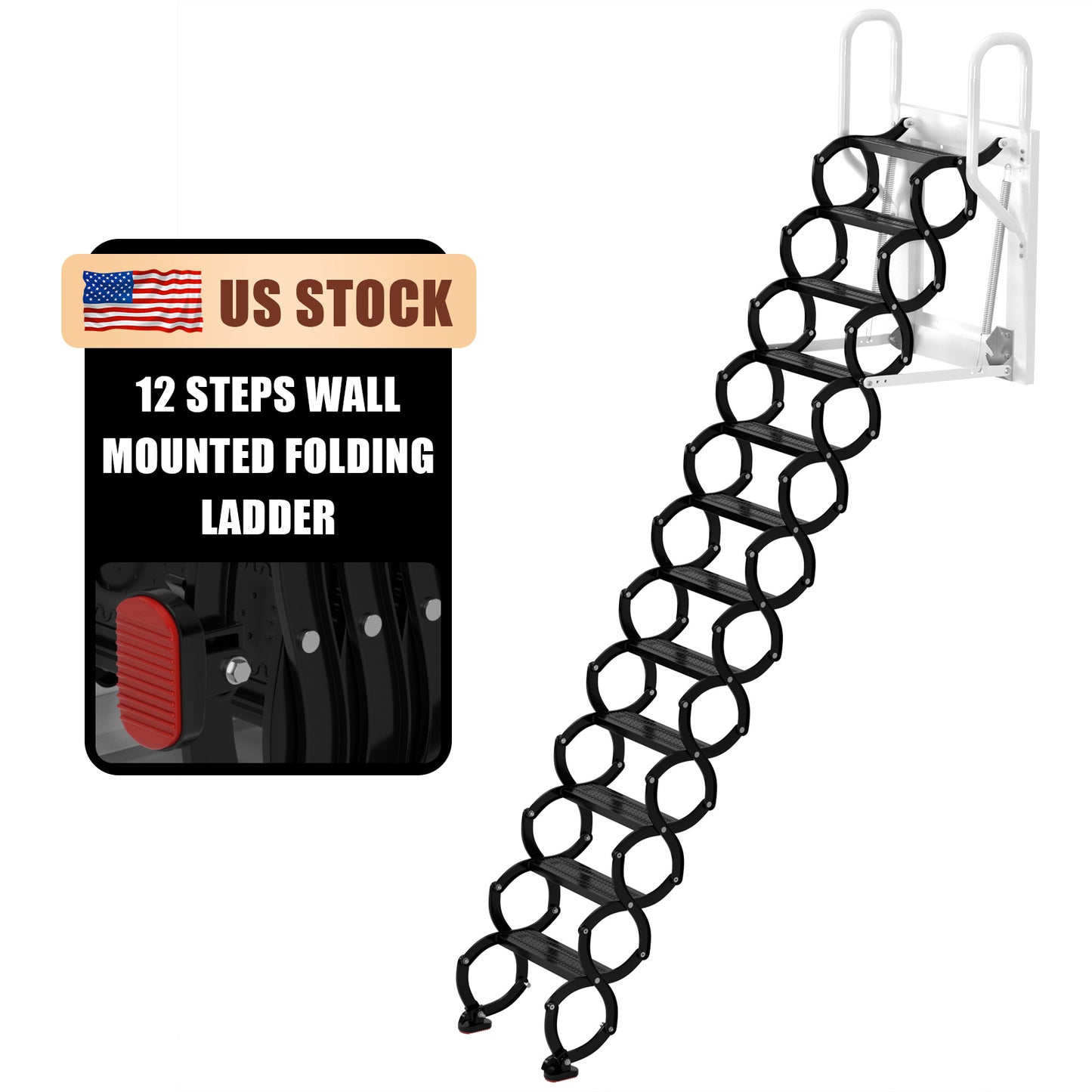 Wall Mounted Folding Ladder Black Loft Attic Stairs Pull down 12 Steps