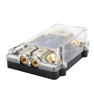 Splitter LED Display 1x0 IN 2x4GA OUT Distribution Block Fuse Holder Heat resistant plastic housing Clear Cover Nickel Plated for Car Audio Marine