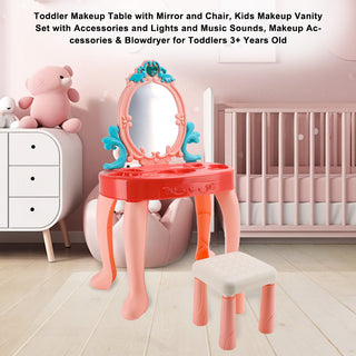 Toddler Makeup Table with Mirror and Chair Kids Vanity Set with Blowdryer for 3+