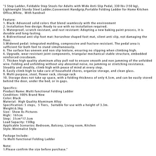 5-Step Folding Ladder, Aluminum with Anti-Slip Pedal - Heavy Duty & Stable Step Stool