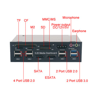 5.25" USB 3.0 SATA eSATA Media Dashboard Card Mult-Reader 20 pin Front Panel