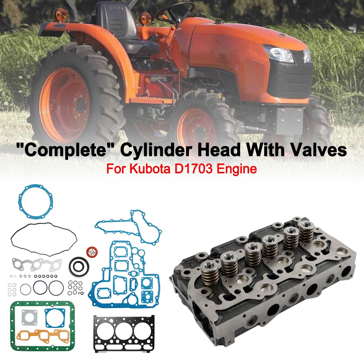 Replacement Cylinder Head Assy for Kubota D1703 - Compatible with Bobcat 238 325 328 Excavator, Includes Gaskets OE:16487-03040