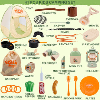 42Pcs Camping Pretend Play Tent Indoor and Outdoor Gift for Boys Girls Oil Lantern Binoculars Kids Camping Set with Tent Toy Campfire