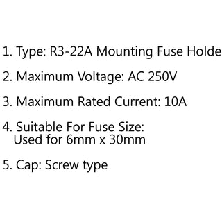 SCI R3-22 Panel Mount Chassis Fuse Holder For 6x30mm Glass Fuses 10A 250V