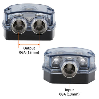 Plastic housing Nickel Plated Heat resistant Splitter Distribution Block 1x0 In 2x0 GA Out Block Splitter Fusebox Clear Cover for Car Audio Marine