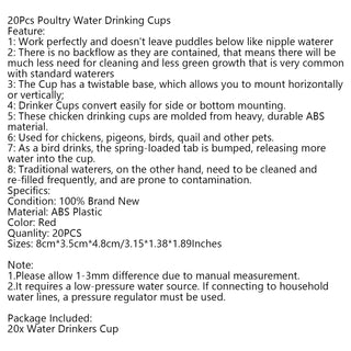 20Pack Poultry Water Drinking Cups Chicken Hen Plastic Automatic Drinker Quail