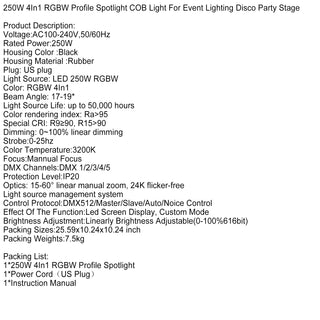 250W 4In1 RGBW Profile Spotlight COB Light For Event Lighting Disco Party Stage
