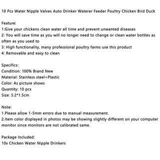 10 Pcs Water Nipple Valves Auto Drinker Waterer Feeder Poultry Chicken Duck Bird