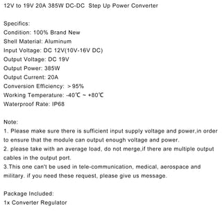 12V to 19V 20A 385W DC-DC Boost Step Up Power Converter Voltage Regulator Module