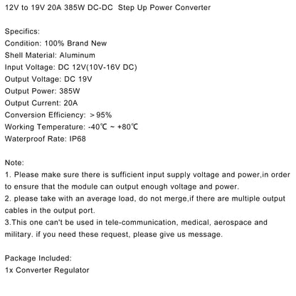 12V to 19V 20A 385W DC-DC Boost Step Up Power Converter Voltage Regulator Module