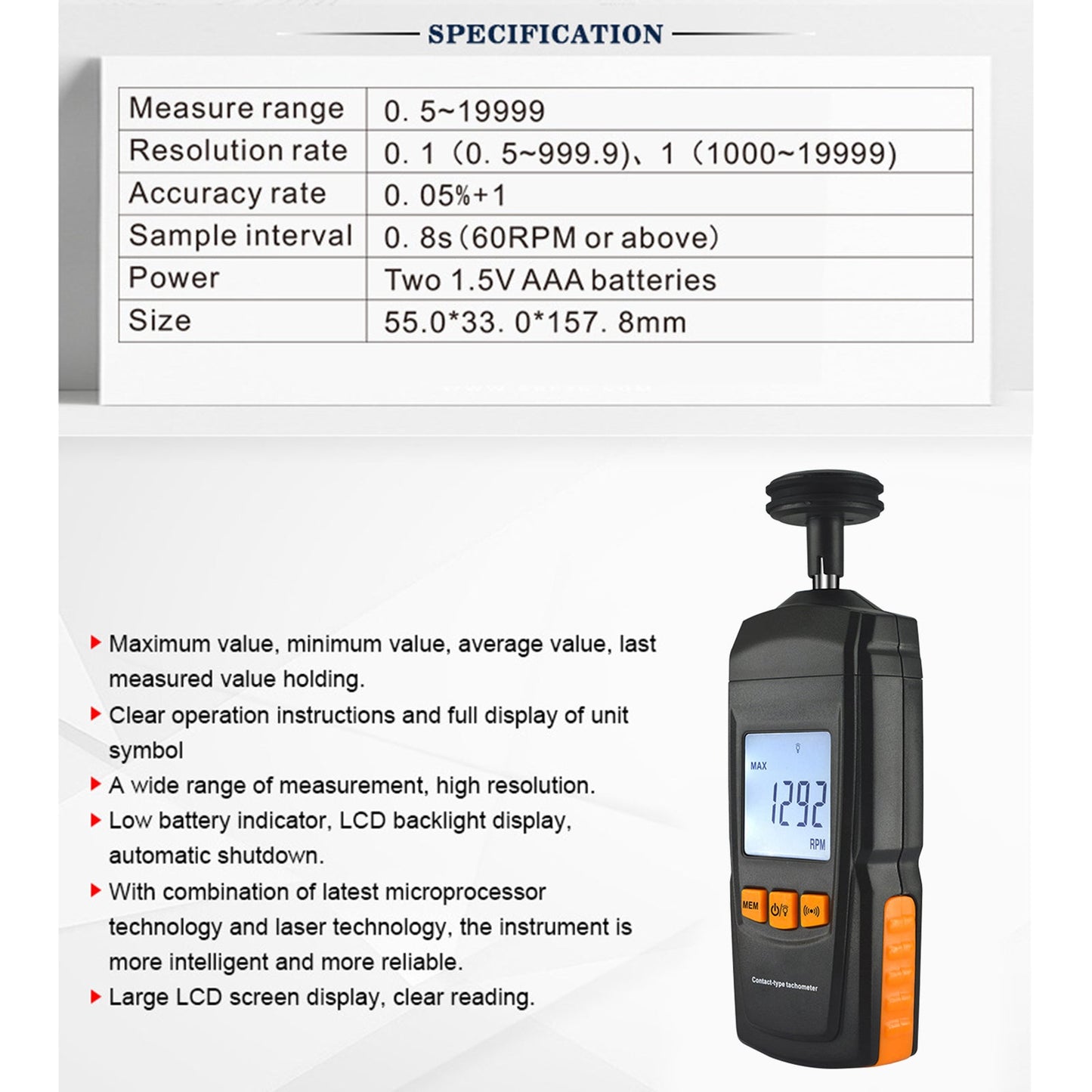 GM8906 Portable Digital Contact Motor Tachometer LCD Speedometer Tach RPM Tester Generic