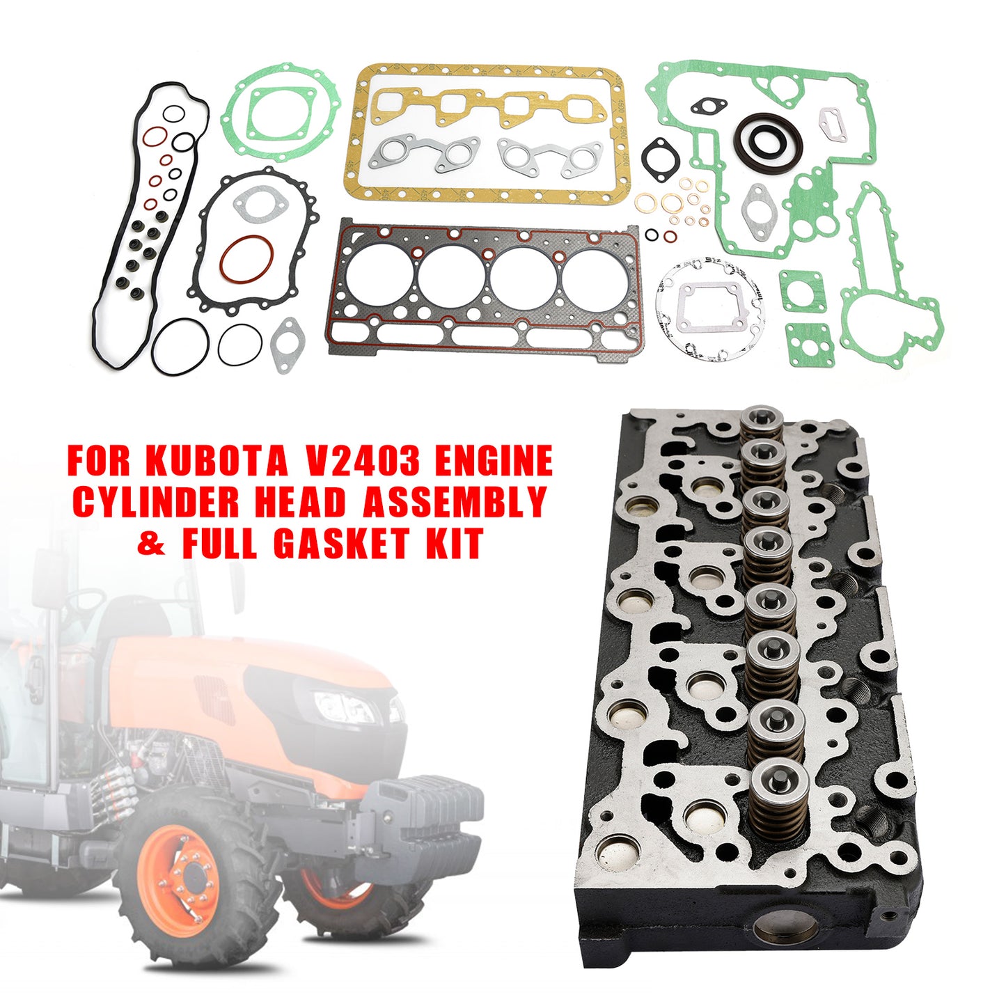 Cylinder Head Assy & Overhaul Gasket Kit for Kubota V2403 Engine - Replacement for 1G855-03042, 1J860-03040