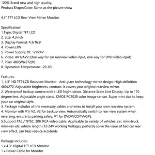 4.3" Mirror Car Monitor TFT LCD NTSC PAL Night Vision Parking Assist 4.3inch