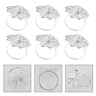 6PCS Napkin Rings w/ Hollow Out Flower Napkin Holder Adornmen Stainless Steel
