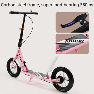 Fold Commuter Scooter Shock Absorbing 12 inch Rubber Air Tires Pink