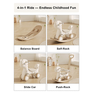 Push Rod 80 lbs Weight Capacity with Sound Brown Guardrails & 4 Smooth Wheels HDPE Material 4-in-1 Baby Rocking Horse for Toddlers 1-3 Years – Ride-On Toy with Detachable Balance Board