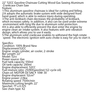 Gasoline Chainsaw – 62CC 52Cc, 2 KW- Sawing Cutting Pruning and Trimming Wood Powered Engine 2 Cycle
