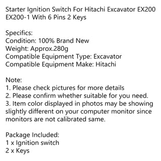 Starter Ignition Switch For Hitachi Excavator EX200 EX200-1 With 6 Pins 2 Keys