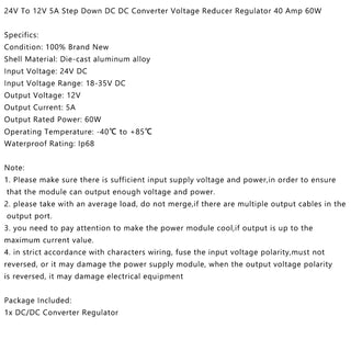 WaterProof 24V to 12V 5A 60W Step Down DC/DC Power Converter Regulator