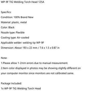 TIG Welding Torch Head Body Replacement 9F Flex Air-Cool 125A WP-9F Gas Cooled