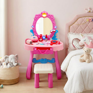 Toddler Makeup Table with Mirror and Chair Kids Vanity Set with Blowdryer for 3+