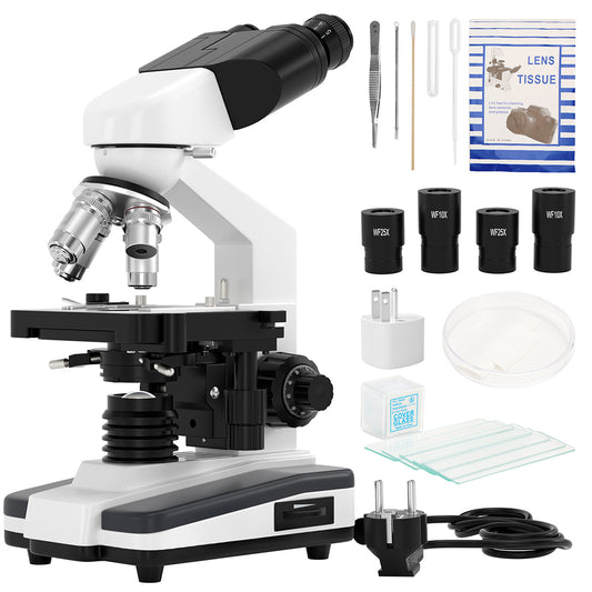 Advanced Binocular Microscope with 6 Magnification Settings – 40X-2500X, Widefield Eyepieces, and LED Lighting