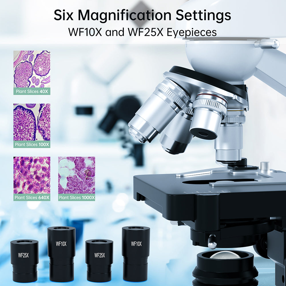 Advanced Binocular Microscope with 6 Magnification Settings – 40X-2500X, Widefield Eyepieces, and LED Lighting