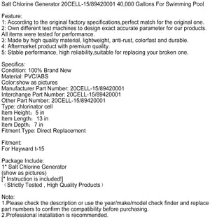 Salt Chlorine Generator 20CELL-15/89420001 40,000 Gallons For Swimming Pool